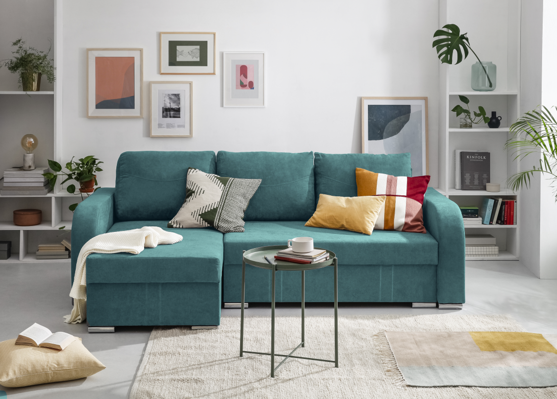 CORNER SOFA WITH BED LOUISE -  3 SEATS TURQUOISE