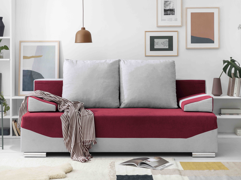 SOFA WITH BED MARCEL - 3 SEATS SILVER + RED