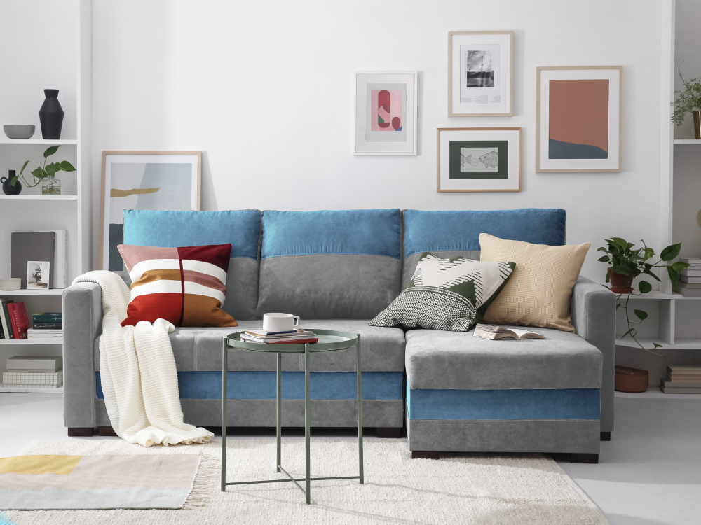 CORNER SOFA WITH BED FRIDA - 3 SEATS LIGHT GREY WITH BLUE