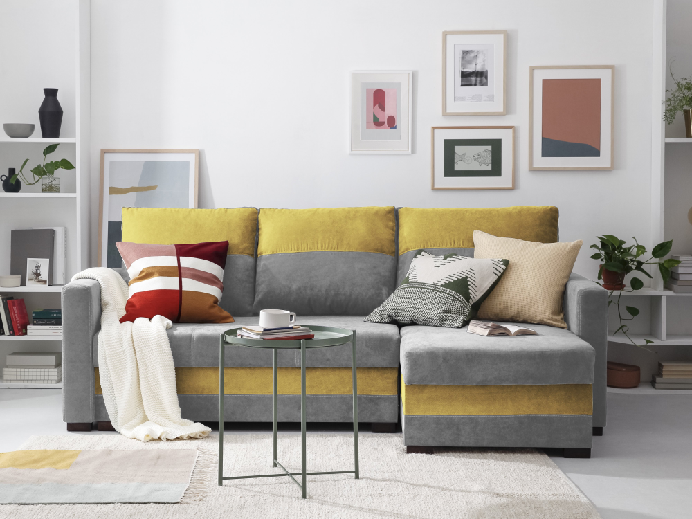 CORNER SOFA WITH BED FRIDA - 3 SEATS LIGHT GREY WITH YELLOW