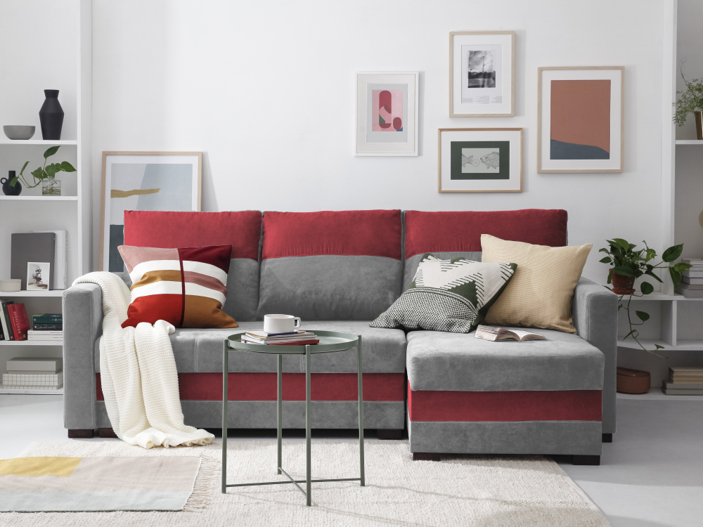 CORNER SOFA WITH BED FRIDA - 3 SEATS LIGHT GREY WITH RED
